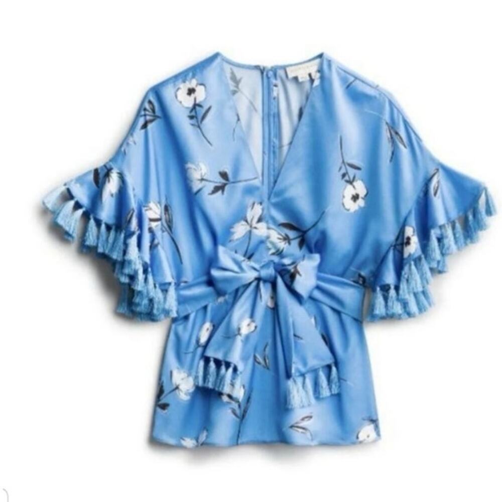 Sachin & Babi Amelia Blouse Tassels Cocktail Party Women Blue Short Sleeve 3XL